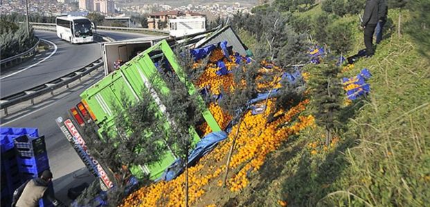 İzmit'te mandalina yüklü kamyon devrildi